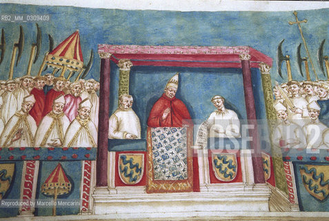 Rome, Palazzo Venezia, Romei e Giubilei (Pilgrims and Jubilees) Exhibition, 2000. Pope Bonifacio VIII (promoter of the first Jubilee) in the Laterano Blessing Loggia.  Instrumenta Translationis, miniated codex by Giacomo Grimaldi (14th century) / Roma, Palazzo Venezia, Mostra Romei e Giubilei, 2000. Papa Bonifacio VIII (promotore del primo Giubileo) nella Loggia della benedizione in Laterano. Instrumenta translationis, codice miniato da Giacomo Grimaldi (14° secolo) - Reproduced by Marcello Mencarini
/Rosebud2