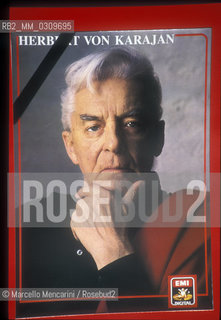 Salzburg, 1989. Black ribbon on the record cover displayed in the window of a shop as a sign of mourning for the death of conductor Herbert von Karajan / Salisburgo, 1989. Nastro nero sulla copertina di un album esposto nella vetrina di un negozio in segno di lutto per la morte di Herbert von Karajan - ©Marcello Mencarini/Rosebud2