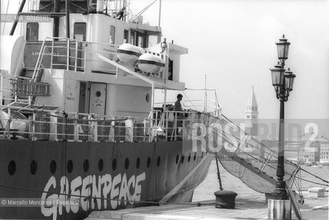 Venice, about 1990. A Greenpeace ship anchored in the St. Marks Basin / Venezia, 1990 circa. Nave di Greenpeace ancorata nel Bacino di san Marco - ©Marcello Mencarini/Rosebud2