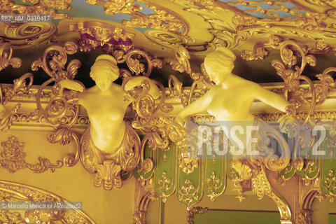 Venice, November 24, 2003. Interior view of La Fenice Theater just restored, Detail of the Hall Ceiling with caryatids / Venezia, 24 novembre 2003. Interno del Teatro La Fenice appena restaurato, Dettaglio del soffitto della sala con cariatidi - ©Marcello Mencarini/Rosebud2