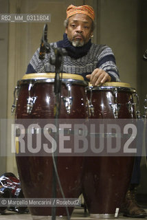 Milan, Manzoni Theater, January 19, 2002. Jazz percussionist Famoudou Don Moye performing with Art Ensemble in Chicago / Milano, 19 gennaio 2002. Il percussionista jazz Famoudou Don Moye in concerto con lArt Ensemble of Chicago - ©Marcello Mencarini/Rosebud2