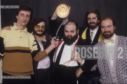 Sanremo Music Festival 1985. Italian progressive rock band Banco del Mutuo Soccorso, at the Festival with the song Grande Joe (Rodolfo Maltese, Vittorio Nocenzi, Francesco Di Giacomo, Pierluigi Calderoni, Gabriel Amatao) / Festival di Sanremo 1985. Il gruppo progressive rock Banco del Mutuo Soccorso, al Festival con la canzone Grande Joe (Rodolfo Maltese, Vittorio Nocenzi, Francesco Di Giacomo, Pierluigi Calderoni, Gabriel Amatao) - ©Marcello Mencarini/Rosebud2