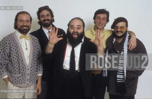 Sanremo Music Festival 1985. Italian progressive rock band Banco del Mutuo Soccorso, at the Festival with the song Grande Joe (Rodolfo Maltese, Vittorio Nocenzi, Francesco Di Giacomo, Pierluigi Calderoni, Gabriel Amatao) / Festival di Sanremo 1985. Il gruppo progressive rock Banco del Mutuo Soccorso, al Festival con la canzone Grande Joe (Rodolfo Maltese, Vittorio Nocenzi, Francesco Di Giacomo, Pierluigi Calderoni, Gabriel Amatao) - ©Marcello Mencarini/Rosebud2