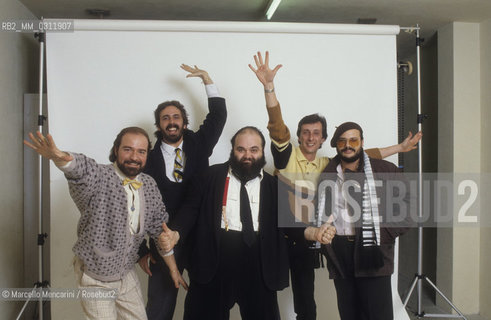 Sanremo Music Festival 1985. Italian progressive rock band Banco del Mutuo Soccorso, at the Festival with the song Grande Joe (Rodolfo Maltese, Vittorio Nocenzi, Francesco Di Giacomo, Pierluigi Calderoni, Gabriel Amatao) / Festival di Sanremo 1985. Il gruppo progressive rock Banco del Mutuo Soccorso, al Festival con la canzone Grande Joe (Rodolfo Maltese, Vittorio Nocenzi, Francesco Di Giacomo, Pierluigi Calderoni, Gabriel Amatao) - ©Marcello Mencarini/Rosebud2