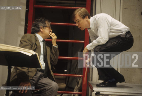 Paris, June 1995. Italian composer Luciano Berio at IRCAM  (Institut de Recherche et Coordination Acoustique/Musique) during a rehearsal of his 12th Sequence directed by David Robertson, with him in the picture / Parigi, giugno 1995. Il compositore Luciano Berio allIRCAM (Institut de Recherche et Coordination Acoustique/Musique) durante una prova della sua XII Sequenza diretta da David Robertson, con lui nella foto - ©Marcello Mencarini/Rosebud2