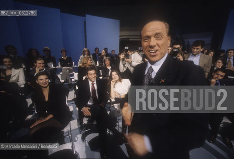 Rome, 1996. Politician Silvio Berlusconi takes part in the TV program Porta a Porta to present the electoral program of his party, the Polo delle Libertà (PDL) / Roma, 1996. Il politico Silvio Berlusconi interviene nel programma TV Porta a Porta per presentare il programma elettorale del suo partito, il Polo delle Libertà - ©Marcello Mencarini/Rosebud2