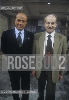 Rome, 1996. Italian politician Silvio Berlusconi, journalist Lucia Annunziata and politician Fausto Bertinotti in the Studios of RAI, Italian public television/ Roma, 1996. Il politico Silvio Berlusconi, la giornalista Lucia Annunziata e il politico Fausto Bertinotti negli studi televisivi della RAI - ©Marcello Mencarini/Rosebud2