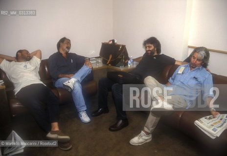 Andrea Boceli and his staff in New York for the Statue of Liberty Concert in July 2000. From the left: music consultant Carlo Bernini, tour manager Graziano Uliani, Andrea Bocelli and his manager Michele Torpedine / Andrea Bocelli e il suo staff a New York per il Concerto sotto la Statua della libertà nel luglio del 2000. Da sinistra: il consulente musicale Carlo Bernini, il tour manager Graziano Uliani, Andrea Bocelli e il suo manager Michele Torpedine - ©Marcello Mencarini/Rosebud2