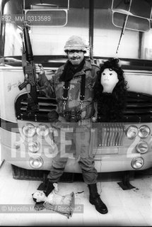 Venice, about 1983. Italian cartoonist Bonvi (Franco Bonvicini) dressed as a character of his comic strip Sturmtruppen / Venezia, 1983 circa. Il fumettista Bonvi (Franco Bonvicini) vestito come un personaggio della sua striscia Sturmtruppen - ©Marcello Mencarini/Rosebud2