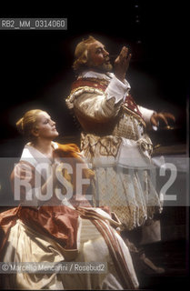 Italian opera baritone Renato Bruson and soprano Katia Ricciarelli in Verdis Falstaff (about 1985) / Il baritono Renato Bruson e il soprano Katia Ricciarelli in Falstaff (1985 circa) - ©Marcello Mencarini/Rosebud2