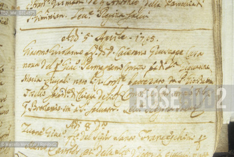 Baptismal act of Giacomo Casanova. He was baptized on 5 April 1725 in St. Samuel Church in Venice/ Atto di battesimo di Giacomo Casanova. Fu battezzato il 5 aprile 1725 nella chiesa di San Samuele a Venezia - ©Marcello Mencarini/Rosebud2