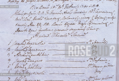 Document attesting Giacomo Casanova received the clerical tonsure in 1740 at age of fifteen / Registrazione dellimpartizione della tonsura clericale a Giacomo Casanova nel 1740, quando aveva 15 anni - ©Marcello Mencarini/Rosebud2