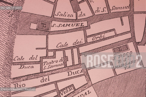 Parish of San Samuele in Venice on a plan of the eighteenth century by Lodovico Ughi. In this district Giacomo Casanova was born on 2 April 1725 and here he lived as a child / La parrocchia di San Samuele a Venezia sulla mappa settecentesca di Lodovico Ughi. In questa zona nacque Giacomo Casanova il 2 aprile 1725 e trascorse la sua infanzia - ©Marcello Mencarini/Rosebud2