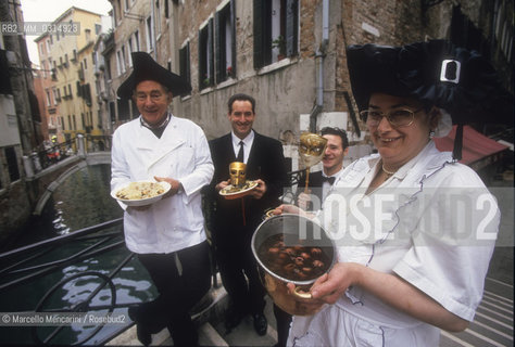 Venice, 1998. Staff of the Ivos Restaurant on Ramo dei fuseri at 1809. Here was located the pied-a-terre of Marco Dandolo, friend and patron of Giacomo Casanova that used it as usual place of residence until the Dandolos death / Venezia, 1998. Lo staff del ristorante da Ivo in calle dei fuseri al numero 1809. Qui si trovava il casino di Marco Dandolo, amico e protettore di Casanova che lo usò come luogo di rappresentanza fino alla morte del Dandolo  - ©Marcello Mencarini/Rosebud2