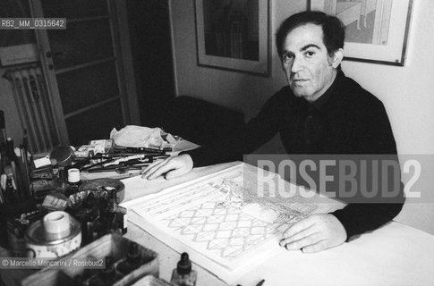 Milan, 1979. Italian cartoonist Giuseppe Coco in his studio / Milano, 1979. Il disegnatore Giuseppe Coco nel suo studio - ©Marcello Mencarini/Rosebud2