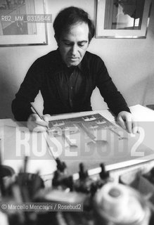 Milan, 1979. Italian cartoonist Giuseppe Coco in his studio / Milano, 1979. Il disegnatore Giuseppe Coco nel suo studio - ©Marcello Mencarini/Rosebud2