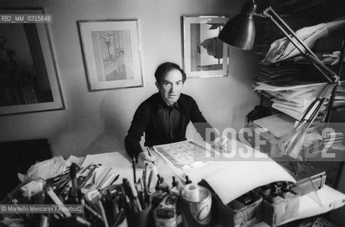Milan, 1979. Italian cartoonist Giuseppe Coco in his studio / Milano, 1979. Il disegnatore Giuseppe Coco nel suo studio - ©Marcello Mencarini/Rosebud2