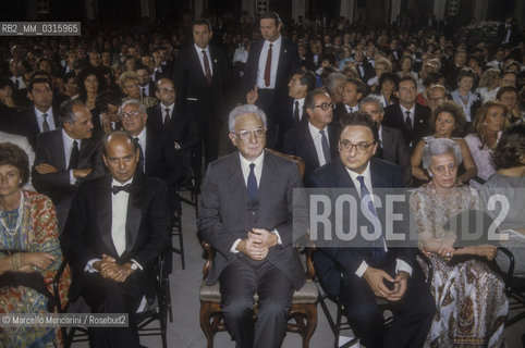 Venice, Campiello Literary Prize, about 1985. In the foreground, from the left: Italian politicians Renato Altissimo (Italian Liberal Party), president of the Italian Republic Francesco Cossiga and Gianni De Michelis (Italian Socialist Party) / Venezia, Premio letterario Campiello, 1985 circa. In primo piano, da sinistra, i politici Renato Altissimo (Partito Liberale Italiano), il presidente della Repubblica italiana Francesco Cossiga e Gianni De Michelis (Partito Socialista Italiano) - ©Marcello Mencarini/Rosebud2
