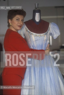 Genoa Carlo Felice Theater 1995. Italian soprano Mariella Devia shows a costume of the opera La Traviata / Genova, Teatro Carlo Felice, 1995. Il soprano Mariella Devia mostra un costume dellopera La Traviata - ©Marcello Mencarini/Rosebud2