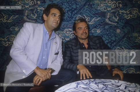 Venice Lido, Venice Film Festival 1984. Opera singers Placido Domingo and Ruggero Raimondi, at the Festival to present the movie Carmen in which they are directed by Francesco Rosi / Lido di Venezia, Mostra del Cinema di Venezia 1984. I cantanti lirici Placido Domingo e Ruggero Raimondi, al Lido per presentare il Film Carmen di cui sono interpreti, diretti da Francesco Rosi - ©Marcello Mencarini/Rosebud2