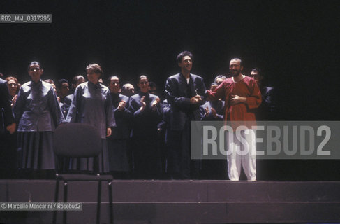 Teatro Regio In Parma (Parma Royal Theater), April 15, 1987. First performance of the opera Genesi (Genesis) by Franco Battiato. Singer Juri Camisansca and composer Franco Battiato greeting the audience / Teatro Regio di Parma, 15 aprile 1987. Prima dellopera Genesi di Franco Battiato. Il cantante Juri Camisasca e il compositore Franco Battiato salutano il pubblico - ©Marcello Mencarini/Rosebud2