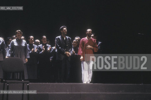 Teatro Regio In Parma (Parma Royal Theater), April 15, 1987. First performance of the opera Genesi (Genesis) by Franco Battiato. Singer Juri Camisansca and composer Franco Battiato greeting the audience / Teatro Regio di Parma, 15 aprile 1987. Prima dellopera Genesi di Franco Battiato. Il cantante Juri Camisasca e il compositore Franco Battiato salutano il pubblico - ©Marcello Mencarini/Rosebud2