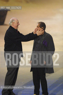 Milan, May 4, 2001. Dario Fo and Adriano Celentano on the set of tv program 125 Milioni di Cazzate / Milano, 4 maggio 2001. Dario Fo e Adriano Celentano sul set del programma televisivo 125 milioni di cazzate - ©Marcello Mencarini/Rosebud2