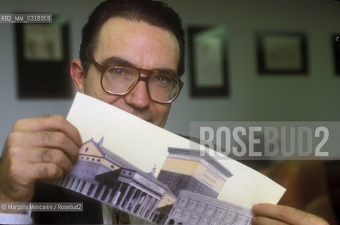 Italian theater manager Francesco Ernani showing an image of the Carlo Felice Theater in Genoa, of which he is superintendent (1991) / Il manager teatrale Francesco Ernani mostra unimmagine del Teatro Carlo Felice di Genova di cui è sovrintendente (1991) - ©Marcello Mencarini/Rosebud2