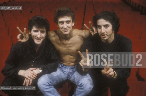Sanremo Music Festival, Ariston Theater, 1991. Dancers Vladimir Derevianko, Julio Bocca and Daniel Ezralow pose during a rehearsal / Festival di Sanremo 1991. I ballerini Vladimir Derevianko, Julio Bocca e Daniel Ezralow posano durante le prove - ©Marcello Mencarini/Rosebud2