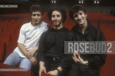 Sanremo Music Festival, Ariston Theater, 1991. Dancers Vladimir Derevianko, Julio Bocca and Daniel Ezralow pose during a rehearsal / Festival di Sanremo 1991. I ballerini Vladimir Derevianko, Julio Bocca e Daniel Ezralow posano durante le prove - ©Marcello Mencarini/Rosebud2