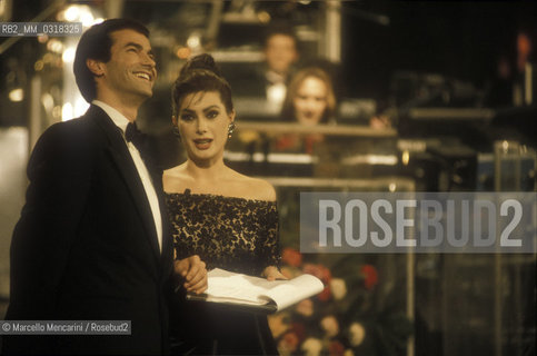 Sanremo Music festival 1991. Actors Andrea Occhipinti and Edwige Fenech, Festival TV hosts / Festival di Sanremo 1991. Gli attori Andrea Occhipinti e Edwige Fenech, presentatori televisivi del Festival - ©Marcello Mencarini/Rosebud2