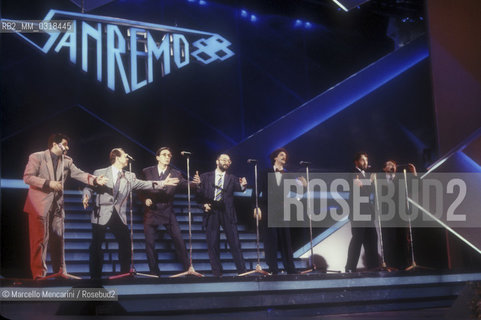 Sanremo Music Festival 1988. Italian pop band I figli di Bubba performing Nella valle dei Timbales (ranked fourteenth)  / Festival di Sanremo 1988. I figli di Bubba cantano Nella valle dei Timbales (quattordicesima classificata) - ©Marcello Mencarini/Rosebud2