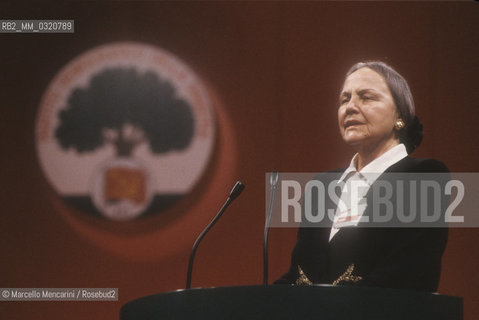 Italian politician Nilde Iotti of Italian Communist Party at the XXth Rimini congress in February 1991, when the Italian Communist Party changed its name to the Democratic Party of the Left / Nilde Iotti, membro del partito Comunista Italiano, al XX° Congresso del PCI-PDS che si tenne a Rimini nel 1991, quando il Partito Comunista Italiano divenne Partito Democratico della Sinistra (PDS) - ©Marcello Mencarini/Rosebud2