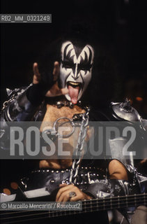 Rome, about 1980. American heavy metal band Kiss performing in a TV show: vocalist and bass player Gene Simmons / Roma, 1980 circa. Il gruppo heavy metal dei Kiss partecipa a un programma televisivo: il cantante e bassista Gene Simmons - ©Marcello Mencarini/Rosebud2