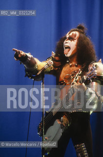 Rome, about 1980. American heavy metal band Kiss performing in a TV show: vocalist and bass player Gene Simmons / Roma, 1980 circa. Il gruppo heavy metal dei Kiss suona in un programma televisivo: il cantante e bassista Gene Simmons - ©Marcello Mencarini/Rosebud2