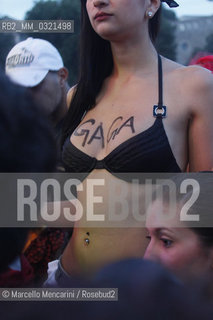 Rome, June 11, 2011. Lady GaGa live at EuroPride. A fan with the artists name written on her breasts / Roma, 11 giugno 2011. Concerto di Lady Gaga al Gay Pride. Una fan con il nome dellartista scritto sul seno - ©Marcello Mencarini/Rosebud2