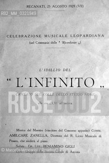 Playbill for a show in 1929 of the tenor Beniamino Gigli singing Linfinito (The Infinite) by Giacomo Leopardi in the same Recanati hill mentioned in that poem / Locandina di uno spettacolo del 1929 del tenore Beniamino Gigli che canta LInfinito di Giacomo Leopardi nello stesso colle di Recanati di cui parla quella poesia - ©Marcello Mencarini/Rosebud2