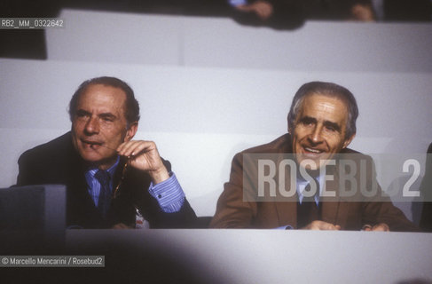 Rimini 1991. Polltician of Italian Socialist Party (PSI) Enrico Manca, also President of RAI, the Italian public television, and Gianni Pasquarelli, general director of RAI / Rimini, 1991. Il politico socialiasta Enrico Manca, Presidente della RAI, radiotelevisione italiana, e Gianni Pasquarelli, direttore generale della RAI - ©Marcello Mencarini/Rosebud2