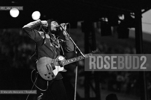 Milan, June 27, 1980. Jamaican reggae musician Bob Marley performing in concert at San Siro Stadium / Milano, 27 giugno 1980. Il musicista reggae Bob Marley in concerto allo Stadio di San Siro - ©Marcello Mencarini/Rosebud2