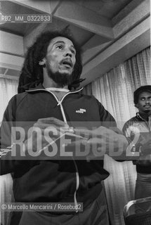 Milan, June 27, 1980. Jamaican reggae singer-songwriter and musicia Bob Marley signing autographs during presentation of his Golden Record Award / Milano, 27 giugno 1980. Il cantante e musicista reggae Bob Marley firma autografi durante la consegna del disco doro - ©Marcello Mencarini/Rosebud2