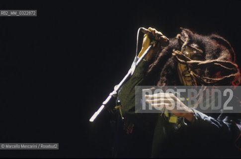 Milan, June 27, 1980. Jamaican reggae musician Bob Marley performing in concert at San Siro Stadium / Milano, 27 giugno 1980. Il musicista reggae Bob Marley in concerto allo Stadio di San Siro - ©Marcello Mencarini/Rosebud2