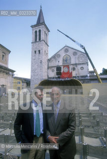 Spoleto (Perugia), Festival of Two Worlds 1997. Francis Menotti (born Francis Phelan) and his adoptive father Gian Carlo Menotti, composer and founder of the festival, posing in the Cathedral Square/ Spoleto (Perugia), Festival dei due mondi 1997. Francis Menotti (nato Francis Phelan) con suo padre adottivo Gian Carlo Menotti, compositore e fondatore del festival, posano in piazza del Duomo - ©Marcello Mencarini/Rosebud2