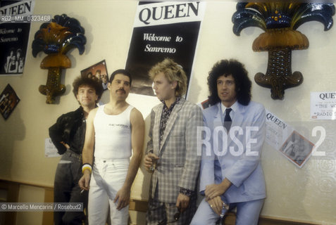 Sanremo Music Festival, February 2, 1984. The rock band Queen guest at the Festival (from the left: John Deacon; Freddy Mercury; Roger Taylor; Brian May) / Festival di Sanremo, 2 febbraio 1984. Il gruppo rock dei Queen ospite a Sanremo (da sinistra: John Deacon; Freddy Mercury; Roger Taylor; Brian May) - ©Marcello Mencarini/Rosebud2