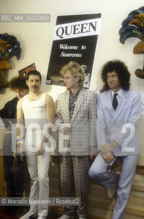 Sanremo Music Festival, February 2, 1984. The rock band Queen guest at the Festival (from the left: John Deacon; Freddy Mercury; Roger Taylor; Brian May) / Festival di Sanremo, 2 febbraio 1984. Il gruppo rock dei Queen ospite a Sanremo (da sinistra: John Deacon; Freddy Mercury; Roger Taylor; Brian May) - ©Marcello Mencarini/Rosebud2