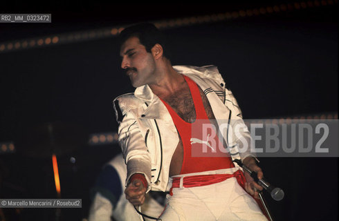 Sanremo Music Festival 1984. Lead vocalist and lyricist of the rock band Queen, Freddy Mercury, performing Radio Ga Ga / Festival di Sanremo 1984. Il cantante dei Queen Freddy Mercury mentre canta Radio Ga Ga - ©Marcello Mencarini/Rosebud2