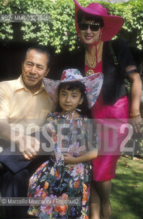 Venice Lido, Venice Film Festival 1989. Japanese actor Toshiro Mifune, his wife Sachiko Yoshimine and their daughter Mika / Lido di Venezia, Mostra del Cinema di Venezia 1989. Lattore Toshiro Mifune, sua moglie Sachiko Yoshimine e la loro figlia Mika - ©Marcello Mencarini/Rosebud2