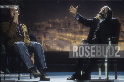 Italian pop singer Massimo Modugno and his father Domenico Modugno, performing in the tv show Domenica in 1993-94 / Il cantante Massimo Modugno con suo padre Domenico Modugno cantano a Domenica in edizione 1993-94 - ©Marcello Mencarini/Rosebud2