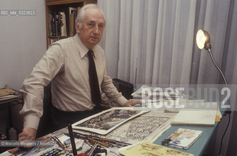 Milan, 1981. Italian painter and illustrator Walter Molino in his studio / Milano, 1981. Il pittore e illustratore Walter Molino nel suo studio - ©Marcello Mencarini/Rosebud2