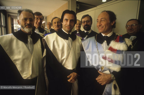 Bologna, May 28 1991. Conductor Riccardo Muti  (second from the left) in the day of the honorary degree conferred to him by the University of Bologna and chancellor Fabio Roversi Monaco (third from the left) / Bologna, 28 maggio 1991. Il direttore dorchestra Riccardo Muti (secondo da sinistra) durante la cerimonia per la laurea honoris causa ricevuta dallUniversità di Bologna e il rettore Fabio Roversi Monaco (terzo da destra) - ©Marcello Mencarini/Rosebud2