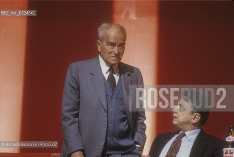 Pietro Ingrao and Secretary of Italian Communist Party Achille Occhetto at XXth Rimini congress in February 1991, when  Italian Communist Party changed its name to the Democratic Party of the Left. Pietro Ingrao was one of the leading opponents of the dissolution of the Italian Communist Party, which would be realized soon after, in the so-called Bolognina turning point led by Occhetto / Pietro Ingrao e Achille Occhetto, segretario del Partito Comunista Italiano, al XX° Congresso del PCI-PDS che si tenne a Rimini nel 1991, quando il Partito Comunista Italiano divenne Partito Democratico della Sinistra (PDS). Pietro Ingrao fu uno dei massimi oppositori allo scioglimento del partito comunista italiano, che si sarebbe realizzato poco dopo, nella cosiddetta svolta della Bolognina guidato da Occhetto - ©Marcello Mencarini/Rosebud2